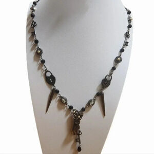 Black silver tone statement long necklace